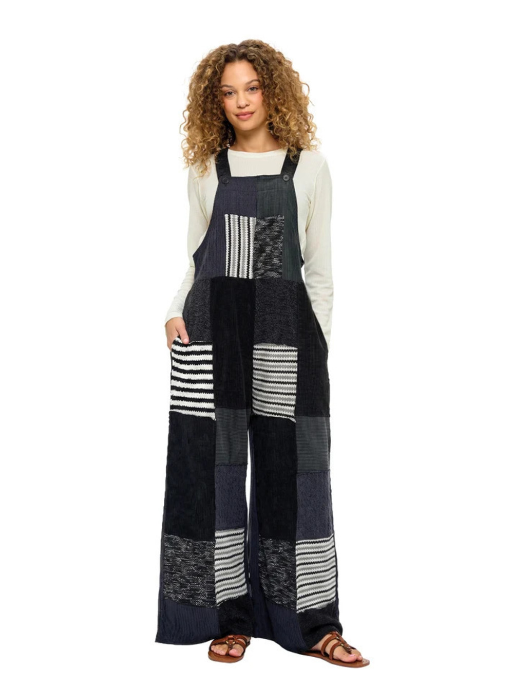 26807 | Yak & Yeti Boho Colorblock Ribbed Patchwork Overalls | Sizes S/M-L/XL